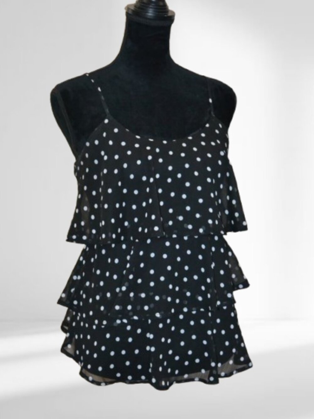 Candies Chiffon Black Polka Dot Ruffle Tier Tank adjustable straps SMALL